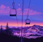  building clouds commentary crescent_moon dusk english_commentary forest gradient_sky jubilee_(8px) moon mountain mountainous_horizon nature night night_sky no_humans original outdoors pixel_art scenery silhouette ski_lift sky star_(sky) sunset tree 