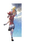  1girl arm_up bandana bike_shorts_under_skirt black_socks border clouds collared_shirt commentary day from_behind gloves highres kikuyoshi_(tracco) knees leg_up may_(pokemon) outdoors pokemon pokemon_(creature) pokemon_(game) pokemon_rse rain red_bandana red_shirt shirt shoes short_sleeves skirt sky socks standing standing_on_one_leg torchic white_border white_gloves white_skirt 