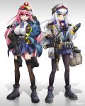  2girls absurdres assault_rifle beach black_footwear black_headwear blue_jacket blue_skirt breasts brown_gloves brown_pantyhose brown_thighhighs closed_mouth clukay_(girls&#039;_frontline_nc) collared_shirt commentary dress_shirt earrings english_commentary facial_mark girls&#039;_frontline_neural_cloud girls_frontline gloves goggles goggles_on_head goggles_on_headwear gradient_background green_eyes grey_background grey_gloves grey_hair grey_jacket grey_shirt gun h&amp;k_hk416 hair_between_eyes hair_ornament hairclip heart heart_earrings highres hk416_(girls&#039;_frontline) holding holding_gun holding_weapon hood hood_down hoodie jacket jestami jewelry long_sleeves medium_breasts multiple_girls object_hug open_clothes open_jacket pantyhose pleated_skirt puffy_long_sleeves puffy_sleeves purple_hoodie red_eyes rifle shirt shoes sig_mcx_(girls&#039;_frontline) sig_sauer_mcx skirt thigh-highs weapon white_background 