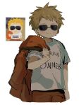  1boy animification black-framed_eyewear blonde_hair highres kenny_mccormick male_child male_focus ooomigo11 print_shirt scene_reference shirt short_sleeves smile solo south_park sunglasses white_shirt 