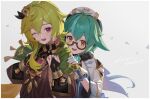  2girls collei_(genshin_impact) fingerless_gloves fur_trim genshin_impact glass gloves green_hair hair_ornament hat highres looking_at_viewer multiple_girls one_eye_closed open_mouth smile sucrose_(genshin_impact) ttt_(5274293) violet_eyes vision_(genshin_impact) yellow_eyes 