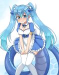  absurdres alternate_costume apron blue_bow blue_bowtie blue_dress blue_eyes blue_hair blush bow bowtie detached_collar dragon_ears dragon_girl dragon_tail dress dress_tug enmaided frilled_apron frilled_dress frills highres kemono_friends long_hair looking_at_viewer maid maid_apron maid_headdress puffy_short_sleeves puffy_sleeves seiryuu_(kemono_friends) shiraha_maru short_sleeves tail thigh-highs twintails white_thighhighs zettai_ryouiki 