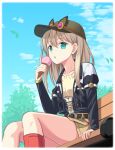  1girl bench blonde_hair cassis_(orleans13x) eiyuu_densetsu falling_leaves food green_eyes hat highres holding holding_food holding_ice_cream ice_cream ice_cream_cone lavian_windslet leaf long_hair park_bench sen_no_kiseki sen_no_kiseki:_northern_war sitting solo 