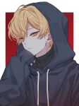  1boy black_shirt blonde_hair blue_hoodie closed_mouth commentary_request head_on_hand hood hood_up hoodie korean_commentary limbus_company male_focus myoforall project_moon shirt short_hair sinclair_(limbus_company) sleeves_past_wrists solo yellow_eyes 