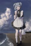  1girl absurdres apron beach black_footwear black_ribbon blue_hair blue_sky bow clouds commentary food frilled_apron frilled_socks frills grey_eyes hair_ribbon highres maid_apron open_mouth original outdoors popsicle ribbon sand sharp_teeth short_hair short_sleeves shou_(mori_boro) sky socks solo symbol-only_commentary teeth two_side_up water white_apron white_bow 