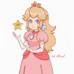  1girl blonde_hair blue_brooch blue_eyes brooch crown dress earrings eyebrows_hidden_by_hair gloves highres jewelry long_hair non-web_source pink_dress princess_peach sakurakiss777 smile solo starman_(mario) super_mario_bros. upper_body white_gloves 