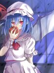  1girl absurdres apple ascot bat_wings blue_hair commentary cowboy_shot daru_(kumakumadon) food fruit hat hat_ribbon highres holding holding_food holding_fruit indoors looking_at_viewer medium_hair mob_cap pointy_ears red_apple red_ascot red_eyes red_ribbon remilia_scarlet ribbon shirt short_sleeves skirt solo touhou white_headwear white_shirt white_skirt window wings 