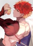  1boy cape dango eating emiya_shirou fate/grand_order fate_(series) food from_behind highres holding holding_cape holding_clothes igote japanese_clothes kamigokuin looking_at_viewer male_focus nagatekkou redhead senji_muramasa_(fate) short_hair simple_background solo topless_male upper_body wagashi white_cape yellow_eyes 