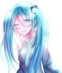  1girl absurdres blue_eyes blue_hair blush detached_sleeves hair_ornament hatsune_miku heart highres long_hair long_sleeves looking_at_viewer miku_day necktie one_eye_closed open_mouth shirt sleeveless sleeveless_shirt smile solo twintails user_pemx2485 vocaloid 
