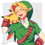 1boy animal_ears artist_name belt blonde_hair border brown_belt brown_gloves closed_eyes collared_shirt colored_skin crossover earrings gloves green_headwear green_shirt grey_background hand_on_own_hip hand_up hat jewelry link loz_017 lying mandarin_collar on_stomach open_mouth outside_border pikachu pointy_ears pokemon pokemon_(creature) shirt short_hair short_sleeves simple_background smile standing tail teeth the_legend_of_zelda tongue v-shaped_eyebrows white_border white_shirt wing_collar yellow_skin 