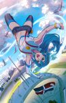  1girl bird blue_eyes blue_hair blue_sky clouds copyright_request crop_top english_commentary flag long_hair open_mouth outdoors shorts sky smile solo thigh-highs xong 