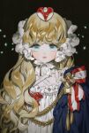  1girl aiguillette black_background blonde_hair blue_eyes bow brooch cape chin_strap cross-laced_clothes expressionless frills gem headgear highres jewelry long_hair original pearl_(gemstone) ribbon solo sottan_(wowo0owow) star_(symbol) straight-on upper_body wavy_hair 