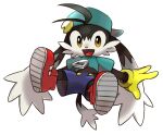  1boy blue_headwear blue_shirt gloves kaze_no_klonoa klonoa open_mouth pac-man red_headwear shirt shorts simple_background smile solo white_background yellow_eyes yellow_gloves yutani 