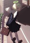  1girl angel angel_wings bag blonde_hair blush eyebrows_hidden_by_hair hair_between_eyes halo highres looking_at_viewer looking_back okakasushi original outdoors road school_bag school_uniform shadow short_hair smile solo wings yellow_eyes 