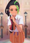  1girl absurdres black_hair blurry blurry_background blush brown_eyes collared_shirt commentary_request day eyelashes gloves green_hair grin hands_up highres lamppost leaning_forward looking_at_viewer multicolored_hair necktie nemona_(pokemon) orange_necktie orange_shorts outdoors own_hands_together pokemon pokemon_(game) pokemon_sv red_gloves shirt shorts single_glove smile solo standing teeth toriumineko two-tone_hair white_shirt 