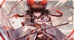  1girl absurdres artist_name ascot bare_shoulders bow brown_hair detached_sleeves gohei hair_between_eyes hair_bow hair_tubes hakurei_reimu highres holding japanese_clothes long_hair navel nontraditional_miko ofuda open_mouth red_bow red_eyes red_skirt ribbon-trimmed_sleeves ribbon_trim sidelocks skirt solo top-exerou touhou upper_body white_sleeves wide_sleeves yellow_ascot 