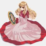  1girl blonde_hair breasts dbzdq2 dragon_quest dragon_quest_ii dress full_body highres long_hair long_sleeves looking_at_viewer mirror princess_of_moonbrook red_eyes robe simple_background skin_tight solo white_background white_robe 