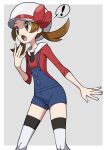  ! 1girl :o blue_overalls border bow brown_eyes brown_hair cabbie_hat grey_background hand_up hat hat_bow highres long_hair lyra_(pokemon) open_mouth overalls pokemon pokemon_(game) pokemon_hgss red_bow red_shirt shirt solo spoken_exclamation_mark thigh-highs tongue twintails white_border white_headwear yoshi_(moco1) 