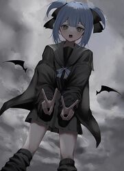  1girl absurdres black_ribbon black_sailor_collar black_serafuku black_skirt black_socks blue_bow blue_bowtie blue_eyes blue_hair blush bow bowtie commentary detached_wings double_v feet_out_of_frame grey_background grey_eyes hair_ribbon highres jacket jacket_partially_removed long_sleeves loose_socks open_mouth original overcast ribbon sailor_collar school_uniform serafuku sharp_teeth short_hair shou_(mori_boro) skirt socks solo symbol-only_commentary teeth two_side_up v wings 