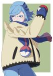  1boy aqua_eyes blue_hair blue_mittens blue_pants border commentary_request cowboy_shot green_background grusha_(pokemon) hand_in_pocket hand_up highres holding holding_poke_ball jacket long_hair long_sleeves looking_to_the_side male_focus mocacoffee_1001 outside_border pants poke_ball poke_ball_(basic) pokemon pokemon_(game) pokemon_sv signature solo white_border yellow_jacket 