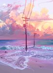  beach clouds cloudy_sky commentary english_commentary full_moon horizon jubilee_(8px) moon no_humans ocean original outdoors pixel_art power_lines rock sand scenery sky sunset transformer utility_pole water waves 