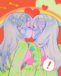  ! 2girls absurdres blue_eyes blue_hair frills hair_ornament hairclip heart highres kiss kissing_cheek light_blue_hair long_hair long_sleeves mask mouth_mask multiple_girls original rainbow red_background sottan_(wowo0owow) spoken_exclamation_mark surprised upper_body wide-eyed yuri 