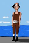  1boy afro april_fools arms_at_sides beanie black_eyes black_footwear black_hair blue_sky boots brown_pants brown_tank_top clouds collarbone full_body goggles goggles_on_head hat highres long_nose looking_at_viewer ocean one_piece outdoors pants sash sattou serious sky solo standing tank_top thick_lips usopp v-shaped_eyebrows white_sash 