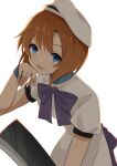  1girl blue_eyes blue_wristband bow dress hashitsuki_nata highres higurashi_no_naku_koro_ni holding holding_weapon looking_at_viewer nata_(tool) open_mouth orange_hair poyadevil purple_bow ryuuguu_rena short_hair simple_background solo weapon white_background white_dress white_headwear 