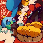  2boys animal_collar blue_eyes blue_headwear collar doromizu furry furry_male gloves huepow kaze_no_klonoa klonoa lowres multiple_boys red_background slit_pupils yellow_eyes yellow_gloves 