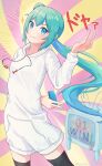  1girl :&gt; absurdres alternate_hairstyle antennae aqua_eyes aqua_hair arched_back arm_behind_back black_thighhighs controller cowboy_shot doyagao drawstring emphasis_lines floating_hair hand_up hatsune_miku highres holding holding_controller hood hoodie long_hair looking_at_viewer nintendo_switch ponytail smile smug solo sparkle standing television thigh-highs translated twitter_username v v-shaped_eyebrows very_long_hair vocaloid white_hoodie yasuno-labo 