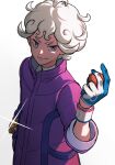  1boy ahoge bede_(pokemon) bite_addict blonde_hair closed_mouth coat commentary_request curly_hair dynamax_band gloves grey_eyes hand_up highres holding holding_poke_ball male_focus poke_ball poke_ball_(basic) pokemon pokemon_(game) pokemon_swsh purple_coat shirt short_hair simple_background single_glove smile solo split_mouth watch watch white_background white_shirt 