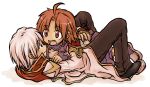  1boy 1girl ahoge black_footwear blush brown_eyes brown_hair brown_pants closed_mouth coat commentary_request full_body grey_eyes hetero high_priest_(ragnarok_online) hug long_sleeves looking_at_another lying medium_bangs merchant_(ragnarok_online) minorigo_flow on_back open_mouth pants parted_bangs purple_skirt purple_vest ragnarok_online red_coat shirt shoes short_hair simple_background skirt smile two-tone_coat vest white_background white_coat white_hair white_shirt 