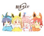  4girls :3 :d ahoge blonde_hair blue_hair blunt_ends blush bocchi_the_rock! chibi closed_eyes closed_mouth commentary_request cosplay flareon flareon_(cosplay) flying_sweatdrops gotou_hitori green_eyes hair_between_eyes hair_ornament hood hood_up ijichi_nijika jitome jolteon jolteon_(cosplay) kita_ikuyo long_hair mole mole_under_eye multiple_girls open_mouth parted_bangs pink_hair pokemon pokemon_ears raised_eyebrows rebecca_(keinelove) red_eyes redhead short_hair side_ponytail simple_background sitting smile sweat sylveon sylveon_(cosplay) v-shaped_eyebrows vaporeon vaporeon_(cosplay) white_background yamada_ryou yellow_eyes 