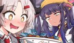  +_+ 2girls absurdres annoyed apron black_hair blue_archive blunt_bangs blurry blurry_foreground blush commentary_request devil_yanghyeok food fuuka_(blue_archive) grey_hair halo highres horns izumi_(blue_archive) long_hair looking_at_another multiple_girls necktie open_mouth portrait red_eyes saliva school_uniform twintails yellow_eyes 