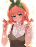  1girl backlighting blue_eyes blush braid casual clenched_hands commentary_request eyebrows_hidden_by_hair eyelashes french_braid frown furrowed_brow go-toubun_no_hanayome green_hairband green_ribbon hair_between_eyes hair_ribbon hairband hands_up highres holding holding_hair leaf_print looking_at_viewer medium_hair nakano_yotsuba orange_hair puffy_short_sleeves puffy_sleeves ribbon see-through see-through_shirt shirt short_sleeves shy sidelocks simple_background solo sparkling_eyes straight-on straight_hair tamago_sando twin_braids upper_body upturned_eyes white_background white_shirt 