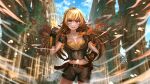  1girl absurdres advarcher ahoge blonde_hair breasts cleavage_cutout clenched_hand clothing_cutout column fingerless_gloves gloves highres huge_breasts looking_at_viewer outdoors pillar rwby shorts smile solo violet_eyes wind yang_xiao_long 