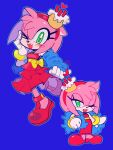  1girl amy_rose animal_ears animal_nose bare_shoulders belt blue_background bow bracelet breasts chibi dress eyelashes fang full_body fur_trim furry furry_female gloves gold_bracelet green_eyes hairband half-closed_eye hand_on_own_face hand_up heart hedgehog_ears hedgehog_girl highres jewelry looking_at_viewer medium_breasts one_eye_closed open_mouth pink_fur red_dress red_footwear red_hairband shoes simple_background sleeveless sleeveless_dress smile solo songsom_s2 sonic_(series) standing standing_on_one_leg the_murder_of_sonic_the_hedgehog tongue white_gloves yellow_belt yellow_bow 