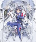  1girl 63suke animal_ears animal_ears_helmet blue_bodysuit blue_gloves blue_headwear bodysuit closed_mouth commentary fox_ears fox_girl fox_tail full_body gloves grey_hair grey_tail headwear_removed helmet helmet_removed holding holding_helmet looking_at_viewer original pilot_suit pink_eyes platform_footwear radar sitting solo straight_hair tail tareme two-tone_bodysuit ventilation_fan white_background white_bodysuit white_footwear 