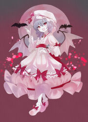  1girl absurdres bat_wings blush bobby_socks bow brooch collared_shirt fang frilled_hat frilled_skirt frills full_moon gem hair_between_eyes hat highres jewelry ktgrtos mob_cap moon open_mouth pink_shirt purple_background purple_hair red_bow red_eyes red_gemstone red_ribbon remilia_scarlet ribbon shirt short_hair skin_fang skirt smile socks solo touhou variant_set waist_ribbon white_hat white_socks wings 