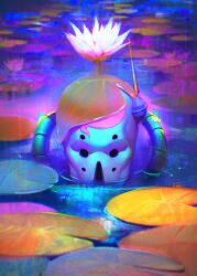  blue_skin chromatic_aberration colored_skin diver_down_(stand) empty_eyes flower glowing hashtag-only_commentary highres humanoid_robot jojo_no_kimyou_na_bouken lily_pad lotus no_humans partially_submerged prof_pega ripples robot solo sparkle stand_(jojo) stone_ocean tube water white_flower 