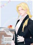  1boy andy_bogard black_coat blonde_hair blue_eyes bow bowtie butler cake cake_slice coat english_text food glasses gloves highres holding holding_plate long_hair long_sleeves looking_at_viewer male_focus mmts_g open_mouth plate ponytail shirt smile solo the_king_of_fighters the_king_of_fighters_for_girls white_bow white_bowtie white_gloves white_shirt 