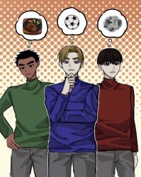  3boys ball black_eyes black_hair blonde_hair blue_eyes blue_shirt blue_sweater bowl_cut brown_hair censored closed_mouth cowboy_shot dark-skinned_male dark_skin food green_sweater grey_pants guest_a_(mii) guest_b_(mii) guest_c_(mii) hand_on_own_chin hand_on_own_hip highres long_sleeves looking_at_viewer male_focus mii_(nintendo) mosaic_censoring multiple_boys nintendo pants red_shirt shirt short_hair soccer_ball speech_bubble spoken_food spoken_object standing stroking_own_chin sweater thick_eyebrows thinking thought_bubble turtleneck turtleneck_sweater wasaki_97 