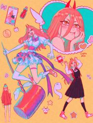  1girl blonde_hair blood blood_bag blood_on_face cellphone chainsaw_man coin cosplay cross-shaped_pupils demon_girl demon_horns denji_(chainsaw_man) dress eric_cartman eric_cartman_(cosplay) fourth_east_high_school_uniform frilled_skirt frills full_body ginka_jack gloves hair_between_eyes hammer hayakawa_aki heart highres holding holding_hammer horns huge_weapon jumping long_hair magical_girl multiple_girls neck_ribbon phone pinafore_dress power_(chainsaw_man) puffy_sleeves red_horns ribbon ringed_eyes school_uniform sharp_teeth shoes signature skirt sleeveless sleeveless_dress sneakers standing symbol-shaped_pupils teeth toilet_paper weapon white_dress white_gloves yellow_background yellow_eyes 