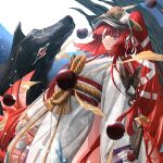  1girl dog fate/grand_order fate_(series) full_moon holding holding_sword holding_weapon japanese_clothes kimono kyokutei_bakin_(fate) long_hair moon orb ponytail red_eyes redhead shoori_(migiha) sword very_long_hair weapon white_kimono 