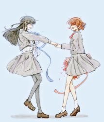  2girls :d ^_^ aijou_karen black_hair black_pantyhose blue_background blue_flower blue_ribbon bouquet bow bowtie brown_hair brown_shoes closed_eyes commentary crown_hair_ornament facing_another flower from_side full_body grey_jacket grey_skirt grin hair_ornament hairclip hands_up hashtag-only_commentary heel_up highres holding holding_bouquet holding_hands jacket kagura_hikari loafers long_hair miniskirt multiple_girls one_side_up open_clothes open_jacket open_mouth outstretched_arm pantyhose parted_lips pleated_skirt profile red_bow red_bowtie red_flower red_ribbon ribbon school_uniform seishou_music_academy_uniform shirt shirt_tucked_in shoes short_hair shoujo_kageki_revue_starlight simple_background skirt smile socks sparkle_hair_ornament standing standing_on_one_leg symbol-only_commentary white_shirt white_socks xilailiu33942 