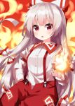  1girl bow bowtie fire fireball fujiwara_no_mokou hair_bow highres long_hair long_sleeves multiple_hair_bows one-hour_drawing_challenge overalls pants red_eyes red_overalls red_pants ruu_(tksymkw) shirt solo touhou very_long_hair white_hair white_shirt 
