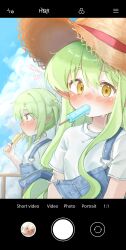  2girls absurdres alternate_costume aoba_(blue_archive) blue_archive blush fake_screenshot food food_in_mouth green_hair hat highres hikari_(blue_archive) long_hair multiple_girls muyanmi nozomi_(blue_archive) overalls pointy_ears popsicle popsicle_in_mouth shirt siblings sisters straw_hat twins white_shirt 