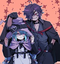  1boy 1girl alternate_costume alternate_hairstyle annoyed apron belt black_cape black_dress black_gloves blue_hair braid cape collared_shirt dark-skinned_male dark_skin dress frilled_apron frills frown gloves grey_shirt grin hair_over_one_eye halloween_costume hand_on_own_hip hands_on_headwear hands_up hashtag-only_commentary hat highres idol_land_pripara j13g_7 katasumi_amari long_hair long_sleeves looking_at_another mario_(pripara) pointy_ears pretty_series pripara purple_hat red_belt shirt short_hair smile standing star_(symbol) star_symbol_background twin_braids vampire_costume white_apron witch witch_hat 