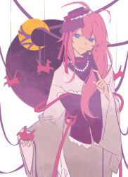  1girl antenna_hair arm_at_side bead_necklace beads black_bow black_hat black_shirt blue_eyes border bow chinese_commentary closed_mouth commentary cowboy_shot crescent double-parted_bangs frilled_bow frilled_hat frilled_headwear frilled_shirt frills grey_kimono hair_between_eyes hair_flaps hair_over_shoulder hand_up hat head_tilt highres holding japanese_clothes jewelry kimono long_hair long_sleeves looking_at_viewer necklace origami outside_border paper_crane pink_hair purple_background qixinnn round_border shirt sidelocks simple_background smile solo standing straight-on utau very_long_hair white_border wide_sleeves yamine_renri 