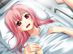  1boy 1girl 1other aged_up asahina_hiyori_(hara_hara!!) bed bed_sheet blush collarbone crossed_arms floor from_above fumizuki_yukari game_cg hair_between_eyes hara_hara!! holding_hands hospital hospital_bed hospital_gown indoors jewelry lab_coat long_hair looking_at_viewer lower_body lying on_back on_bed open_mouth pillow pink_eyes pink_hair pov pov_hands ring sidelocks smile standing tareme third-party_source under_covers upper_body variant_set wedding_ring 
